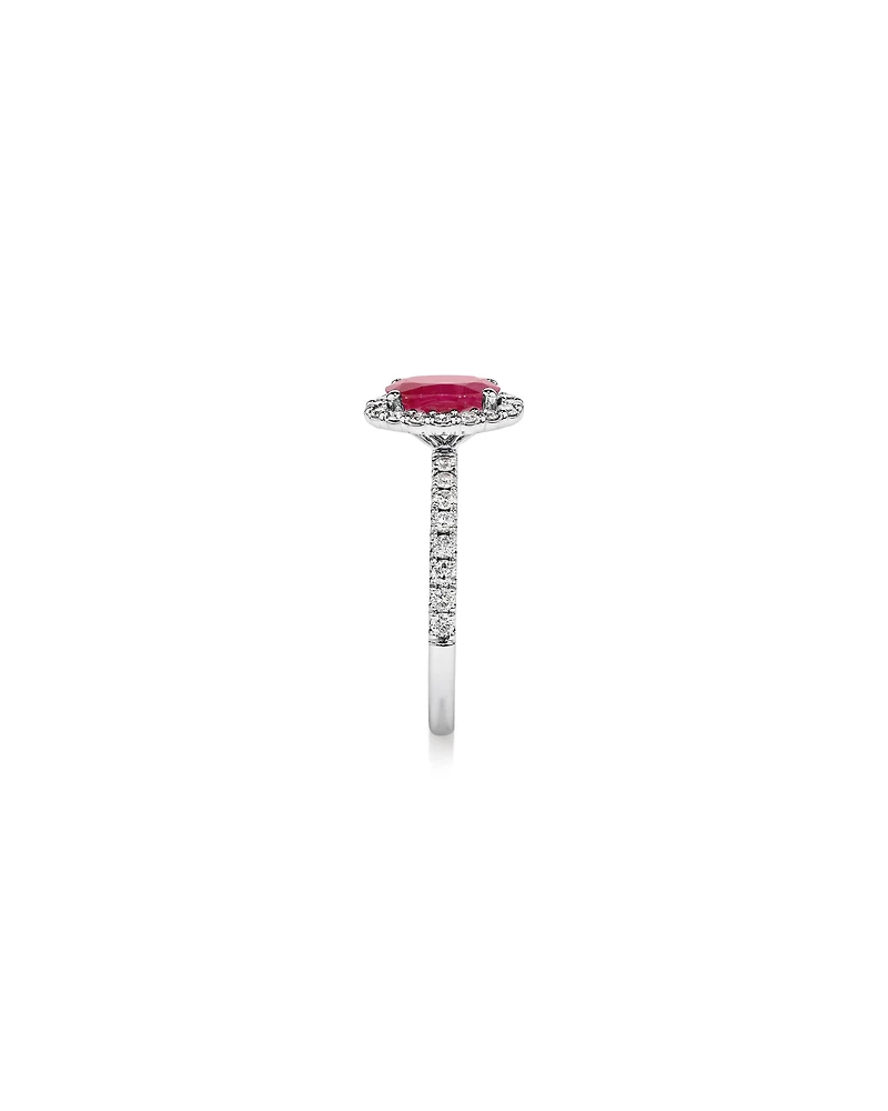 Oval Cut Red Ruby Gemstone and 0.60 Carat TW Diamond Halo Ring in 14kt White Gold