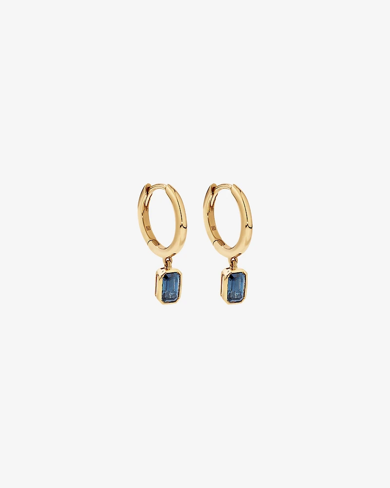 Australian Sapphire Emerald Cut Bezel Set Drop Hoop Earrings in 10kt Yellow Gold