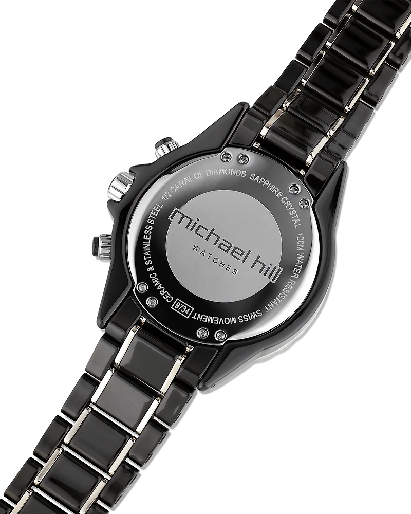 Montre chronographe en céramique noire et acier inoxydable rose avec diamants totalisant 0,50 ct.