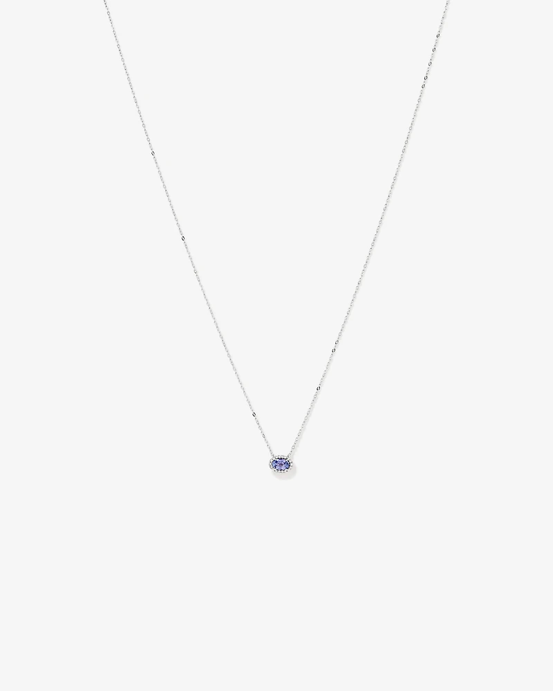 Collier Pendentif Halo Avec Pierre Précieuse Tanzanite Bleue Taille Ovale Et 0,08 Carat Pt De Diamants En Or Blanc 10 Ct