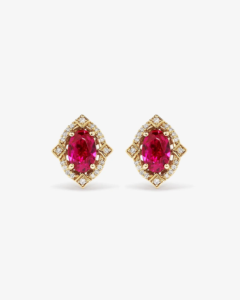 Boucles d'oreilles clous halo en or jaune 10 kt avec rubis créé taille ovale et diamants