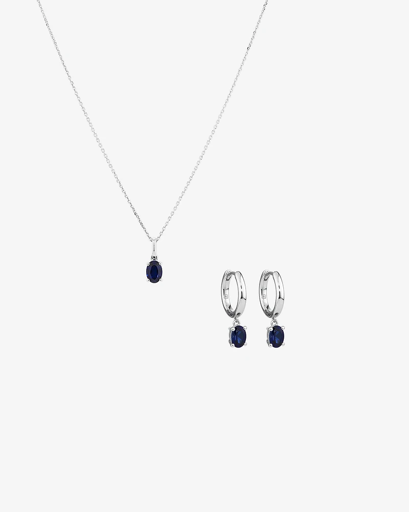 Oval Cut Blue Created Sapphire Gemstone Hoop Earrings and Pendant Necklace Set in Sterling Silver