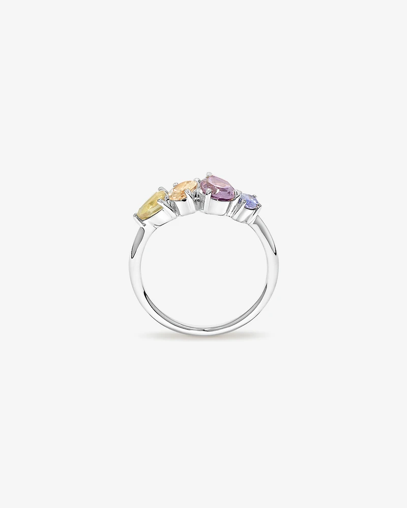 Anneau multi-gemmes en améthyste verte, morganite, rose et tanzanite or blanc 10 carats
