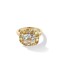 Anneau halo vert améthyste, péridot, citrine et topaze blanche en or jaune 10 carats
