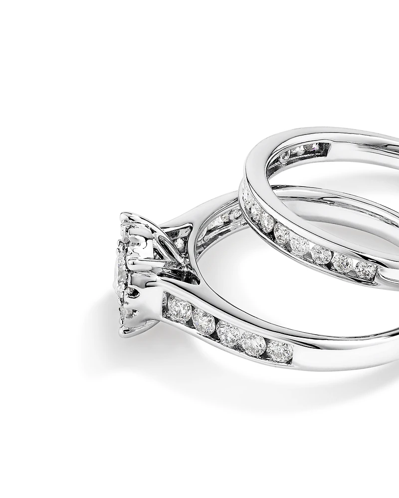 1.00 Carat TW Round Diamond Cluster Engagement Ring and Channel Set Wedding Band Bridal Set in 14kt White Gold