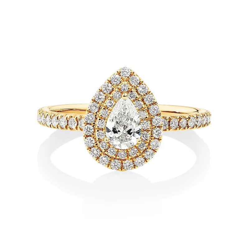 Double Halo Ring with 0.71 Carat TW of Diamonds in 18kt Yellow Gold