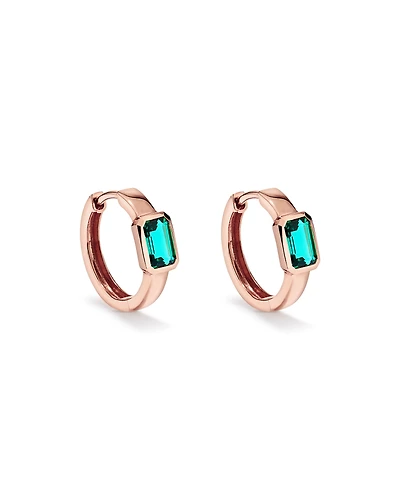 Created Emerald Bezel Huggie Earrings in 10kt Rose Gold