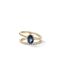 London Blue Topaz Double Band Ring with 0.25 Carat TWof  Diamonds in 10kt Yellow Gold