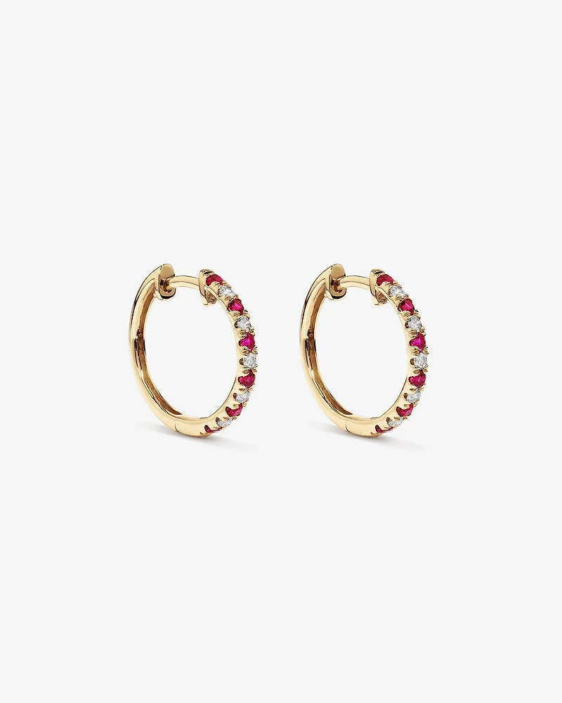 0.22 Carat TW Diamond and Created Ruby Huggie Hoop Earrings in 10kt Yellow Gold