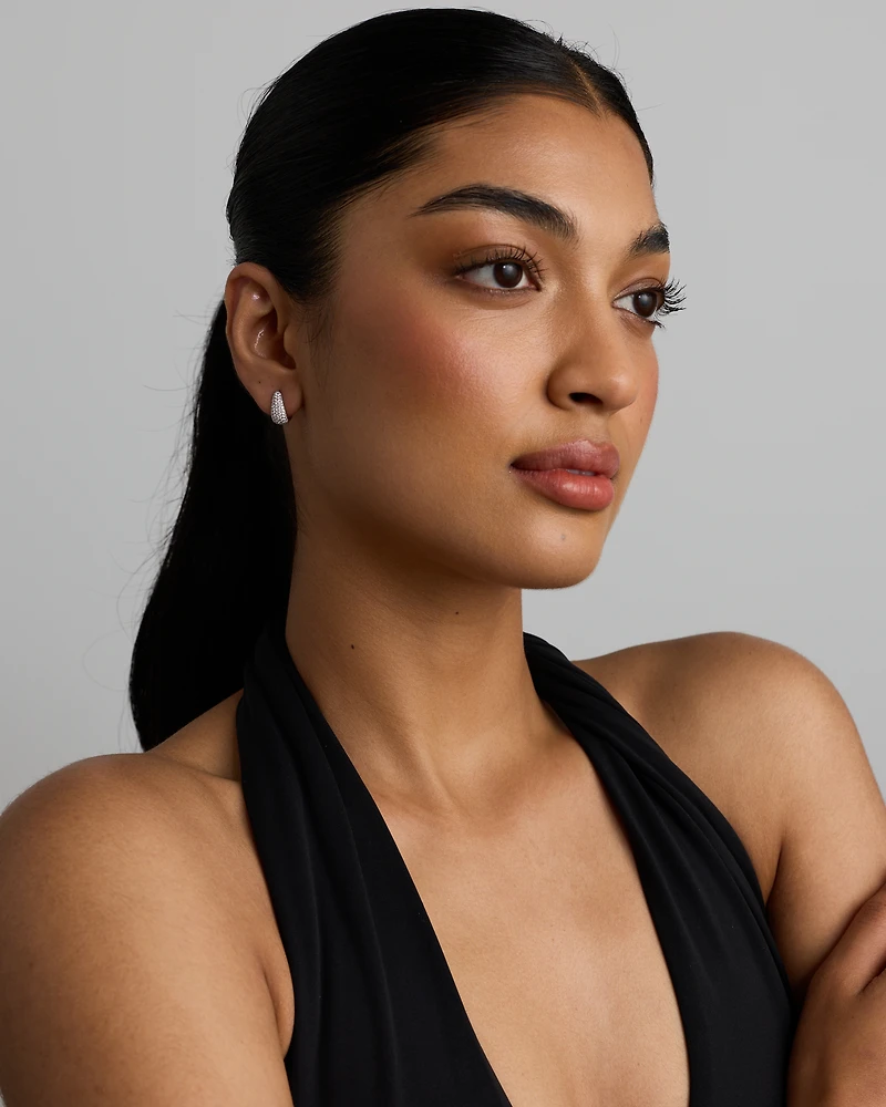 Boucles d'Oreilles Clous Demi-Créoles Dôme Pavé en Zircon Cubique en Argent Sterling