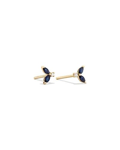 Round Diamond and Marquise Blue Sapphire Gemstone Stud Earrings in 10kt Yellow Gold