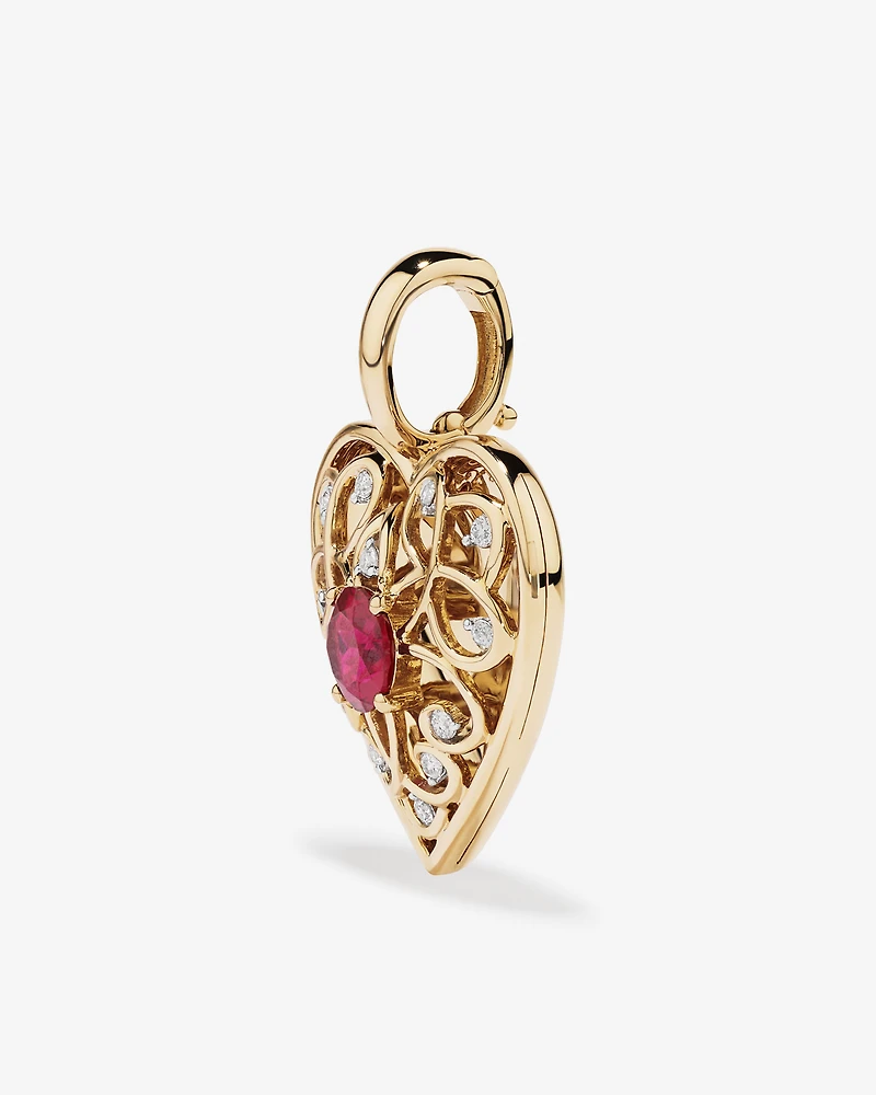 Red Created Ruby Gemstone and Diamond Filigree Heart Enhancer Pendant in 10kt Yellow Gold