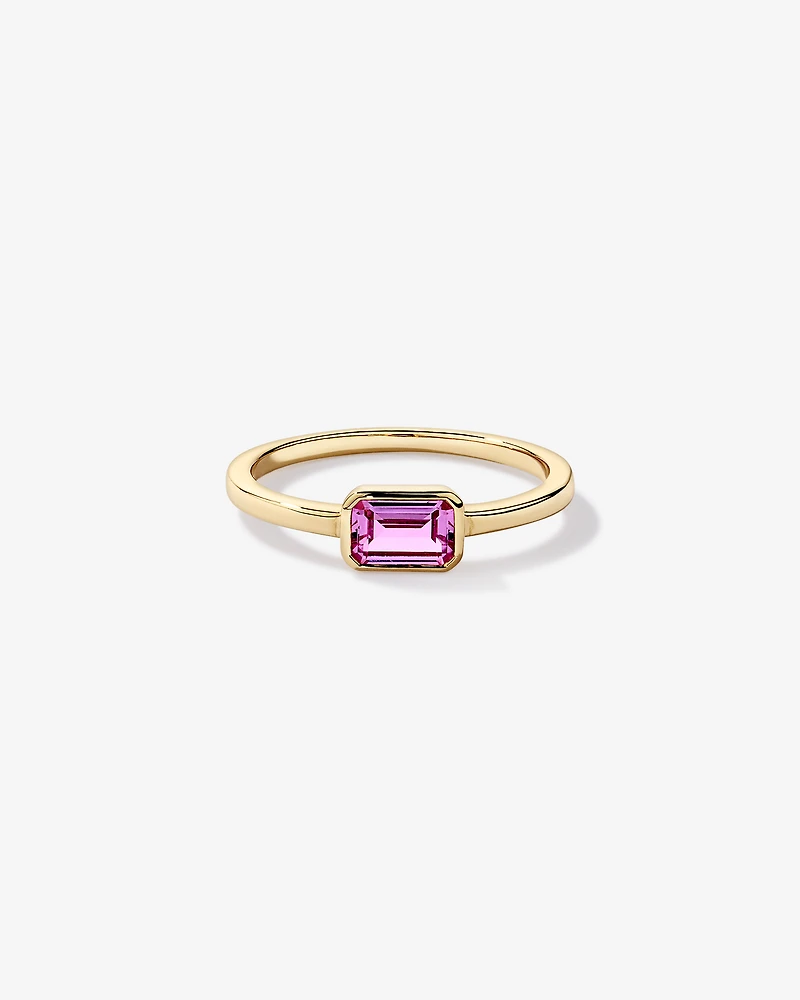 Emerald Cut Pink Created Sapphire East-to-West Set Bezel Ring 10kt Yellow Gold