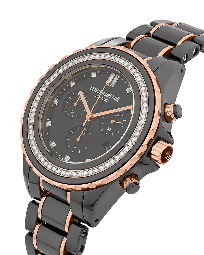 Chronograph Watch with 0.50 Carat TW of Diamonds Black Ceramic & Rose Tone Stainless Steel