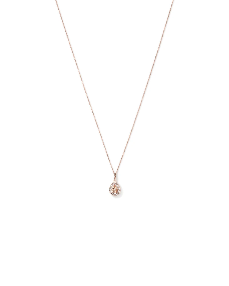 Pear Cut Morganite Gemstone and 0.25 Carat TW Diamond Halo Pendant Necklace in 10kt Rose Gold