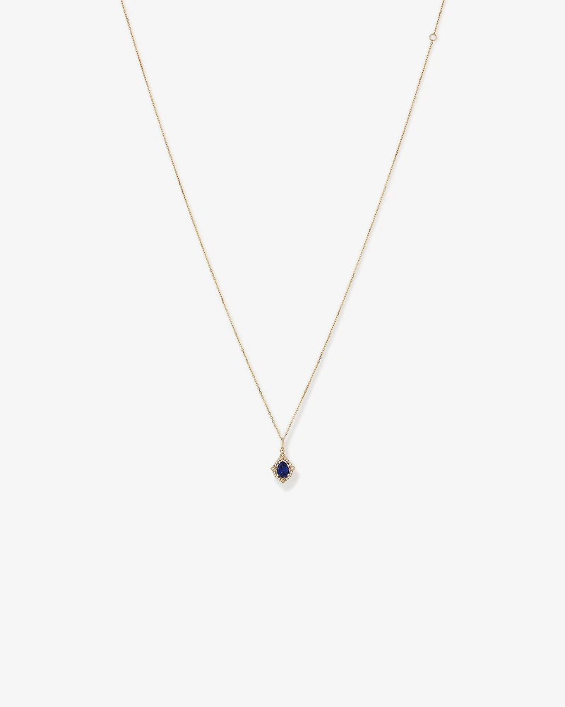 Pear Cut Created Sapphire and Diamond Halo Pendant Necklace in 10kt Yellow Gold