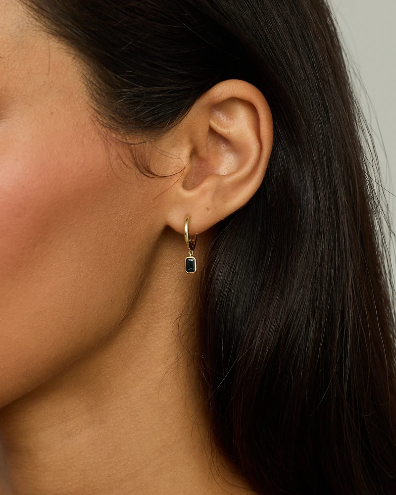 Australian Sapphire Emerald Cut Bezel Set Drop Hoop Earrings in 10kt Yellow Gold