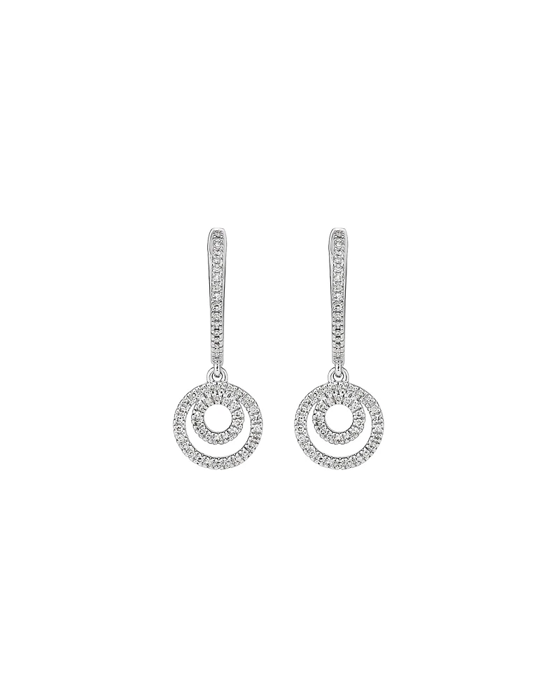 Fine Double Circle Diamond Drop Huggie Earrings in Sterling Silver