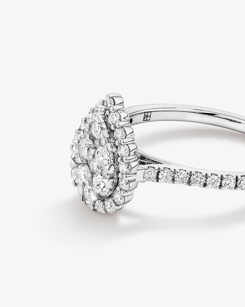 0.79 Carat TW Pear Shaped Cluster Diamond Halo Engagement Ring in 14kt White Gold
