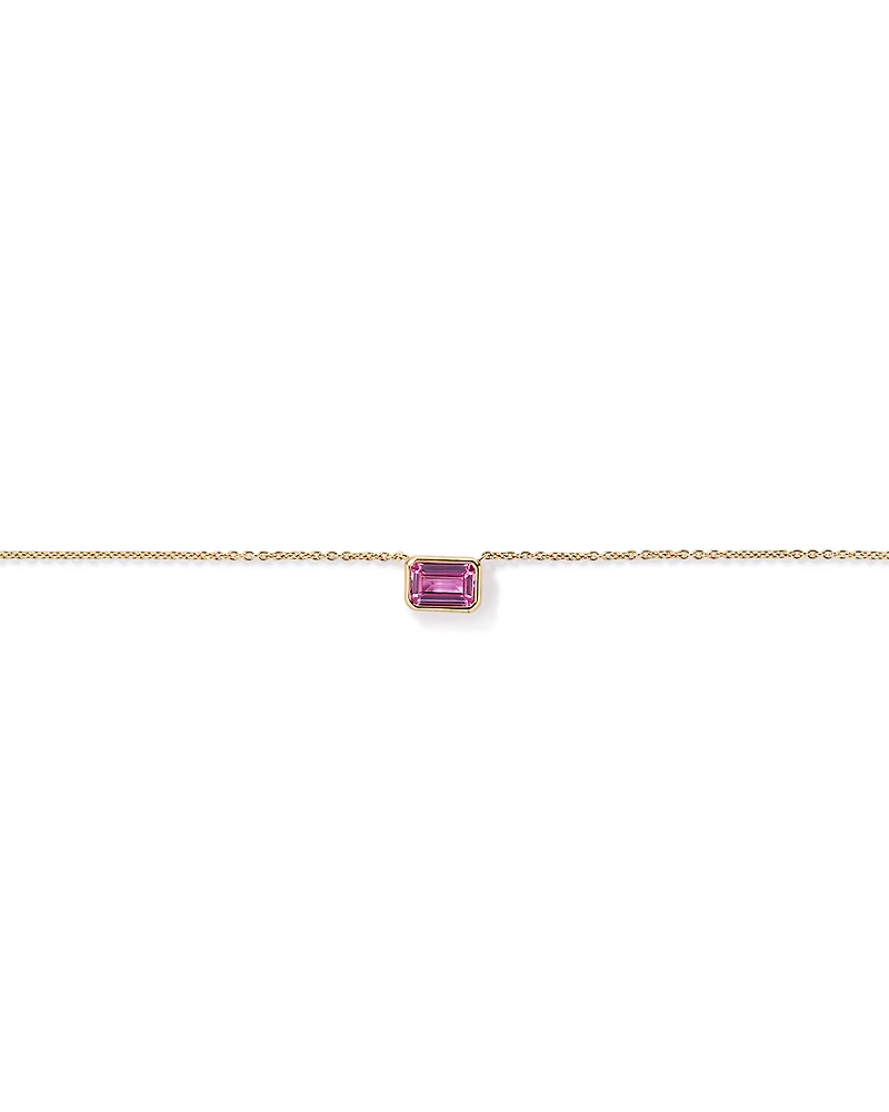 Emerald Cut Pink Created Sapphire East-to-West Set Bezel Necklace with Chain in 10kt Gold