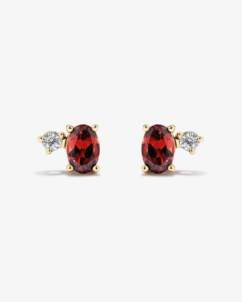 Round White Sapphire and Oval-Cut Garnet Toi Et Moi Stud Earrings in 10kt Yellow Gold
