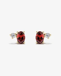 Round White Sapphire and Oval-Cut Garnet Toi Et Moi Stud Earrings in 10kt Yellow Gold