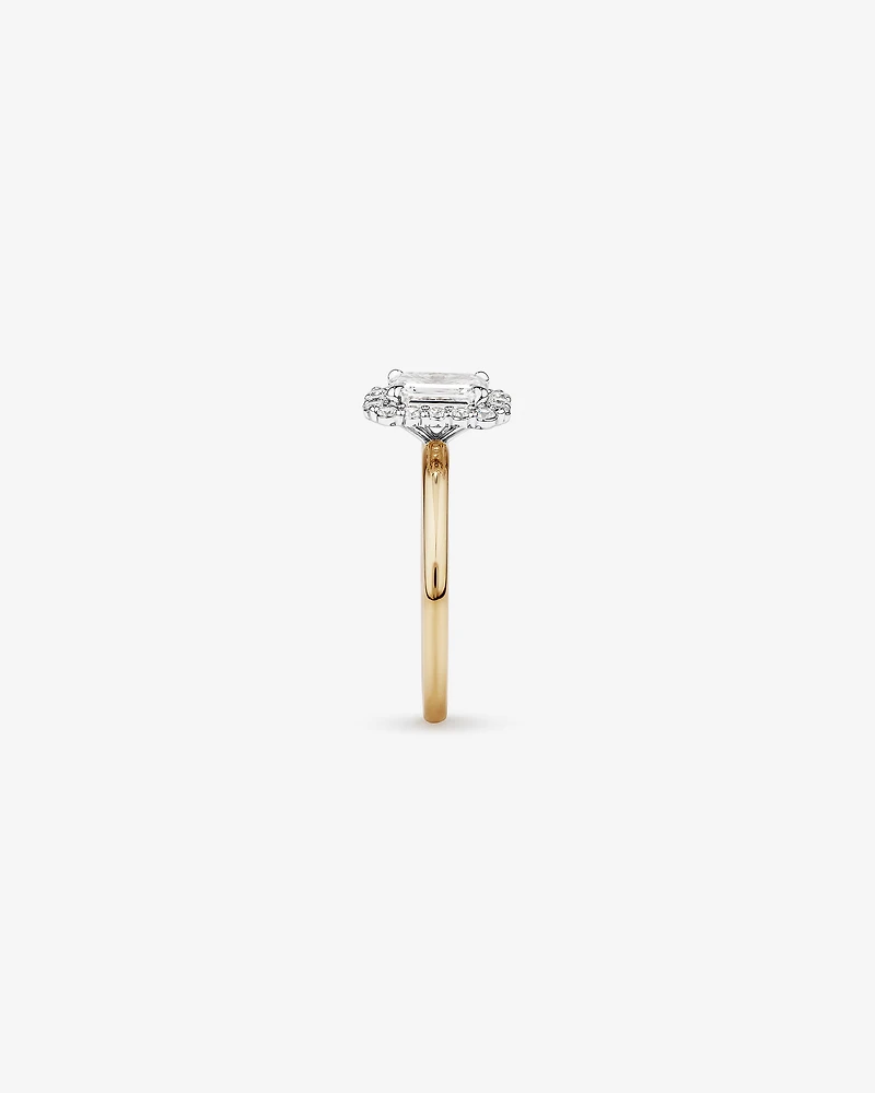 Bague de fiançailles TW Diamond Halo Émeraude taillée en laboratoire 1,46 carat or jaune et blanc 14 carats
