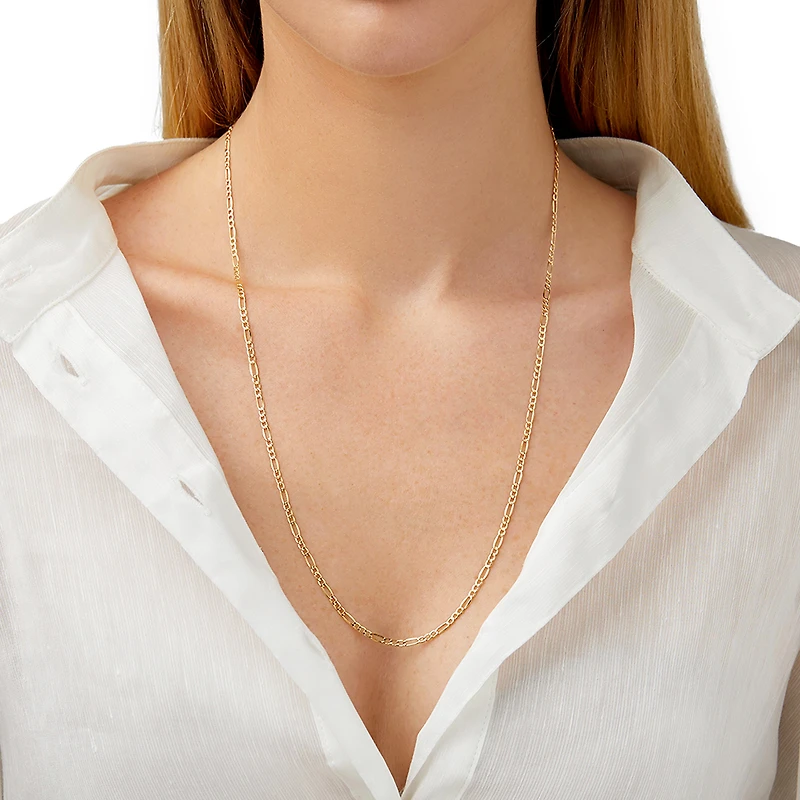 Chaîne figaro creuse en or jaune 10 K de 60 cm, largeur de 2 à 2,5 mm