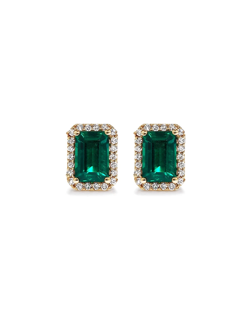 Emerald Cut Green Created Emerald Gemstone and Diamond Halo Earrings in 10kt Yellow Gold