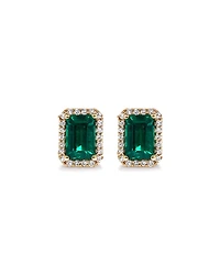 Emerald Cut Green Created Emerald Gemstone and Diamond Halo Earrings in 10kt Yellow Gold
