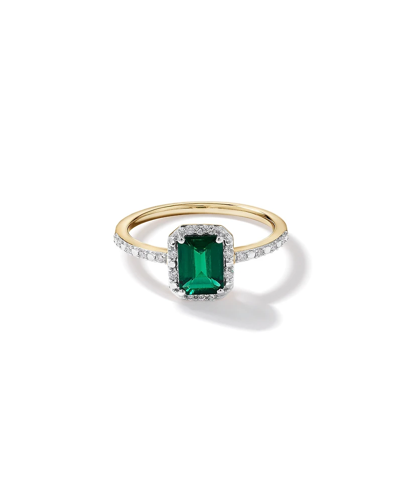 Emerald Cut Green Created Emerald and Lab-Grown Diamond Halo Ring in 10kt Yellow Gold and Rhodium