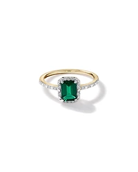 Emerald Cut Green Created Emerald and Lab-Grown Diamond Halo Ring in 10kt Yellow Gold and Rhodium