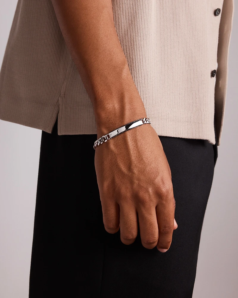 Men's Silver 21CM Curb ID Bracelet with 0.33 Carat TW of Black Diamonds