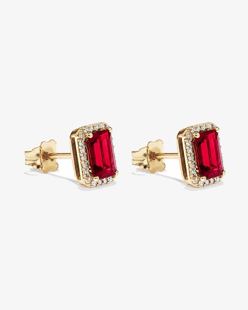 Emerald Cut Created Ruby and Diamond Halo Earrings in 10kt Yellow Gold