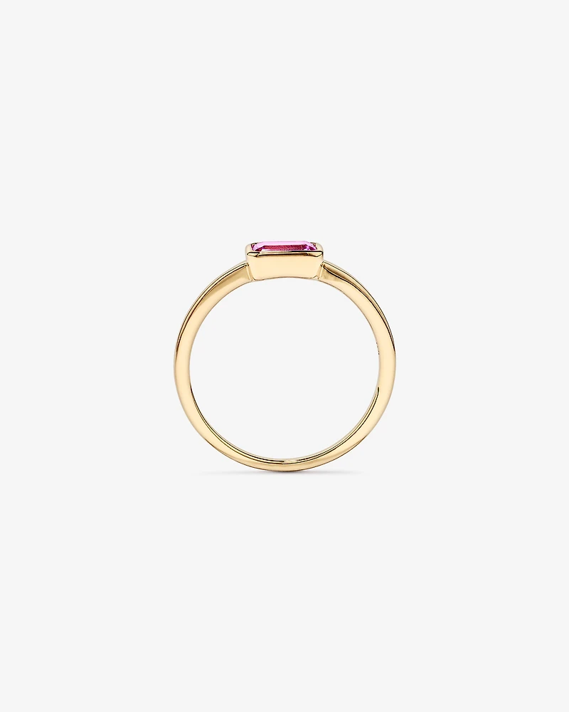 Emerald Cut Pink Created Sapphire East-to-West Set Bezel Ring 10kt Yellow Gold