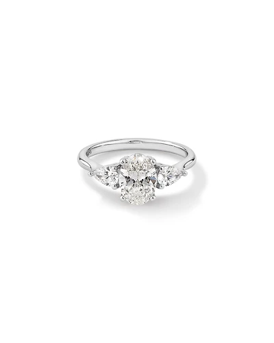 Bague de fiançailles ovale trois pierres TW 1,65 carat et diamant en forme poire, cultivée laboratoire, or blanc 14 carats