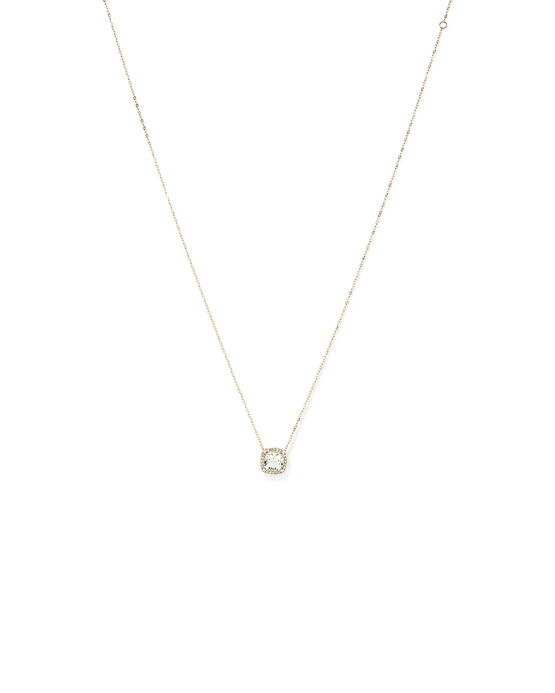 Cushion Cut Green Amethyst Gemstone and 0.15 Carat TW Diamond Halo Pendant Necklace in 10kt Yellow Gold