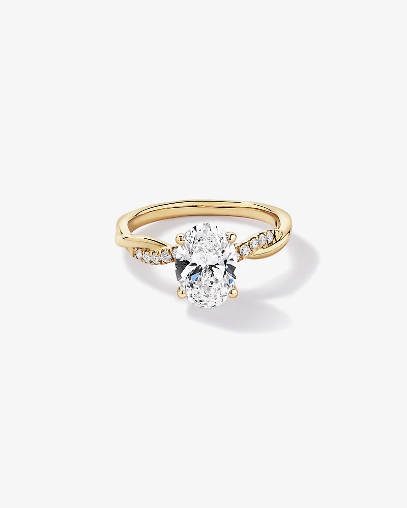 Bague de fiançailles torsadée en or jaune 14 carats, sertie d'un diamant ovale 2,10 carats cultivé laboratoire