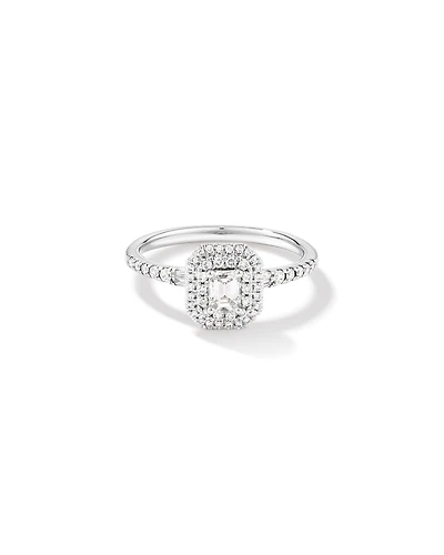 0,55 carat TW bague de fiançailles halo avec diamant taille émeraude et accents latéraux baguette en or blanc 14 carats