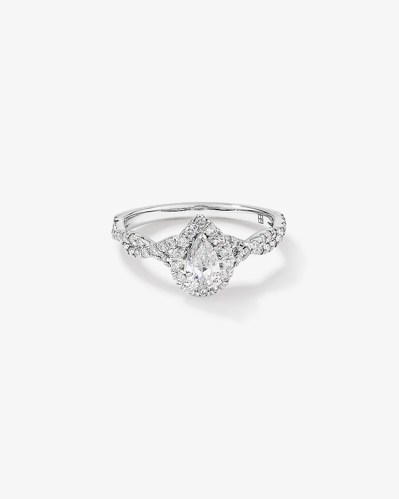 0.75 Carat TW Pear Cut Diamond Halo Twist Engagement Ring in 14kt White Gold