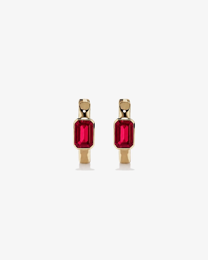 Created Ruby Bezel Huggie Earrings in 10kt Yellow Gold