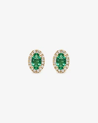 Oval Cut Green Emerald Gemstone and 0.09 Carat TW Diamond Halo Stud Earrings in 10kt Yellow Gold