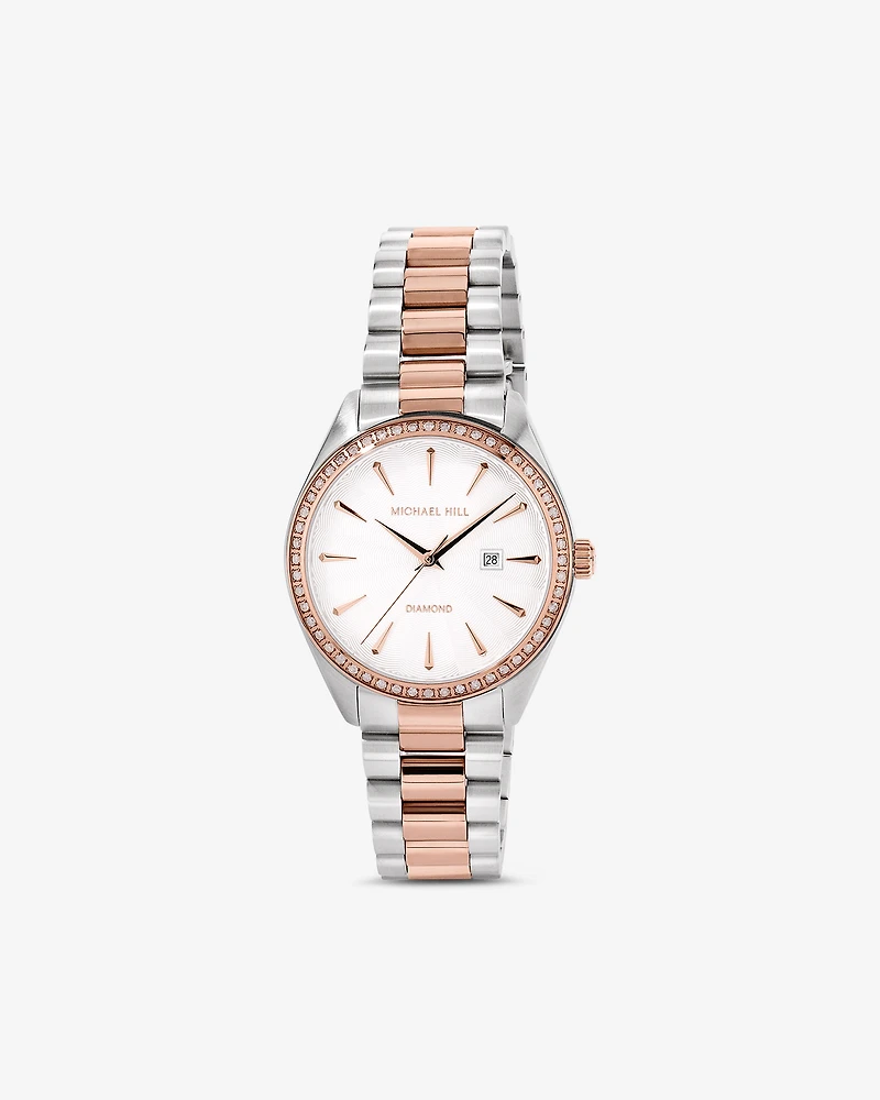 Women's 0.60 Carat TW Diamond Bezel Watch in Rose Tone Stainless Steel.