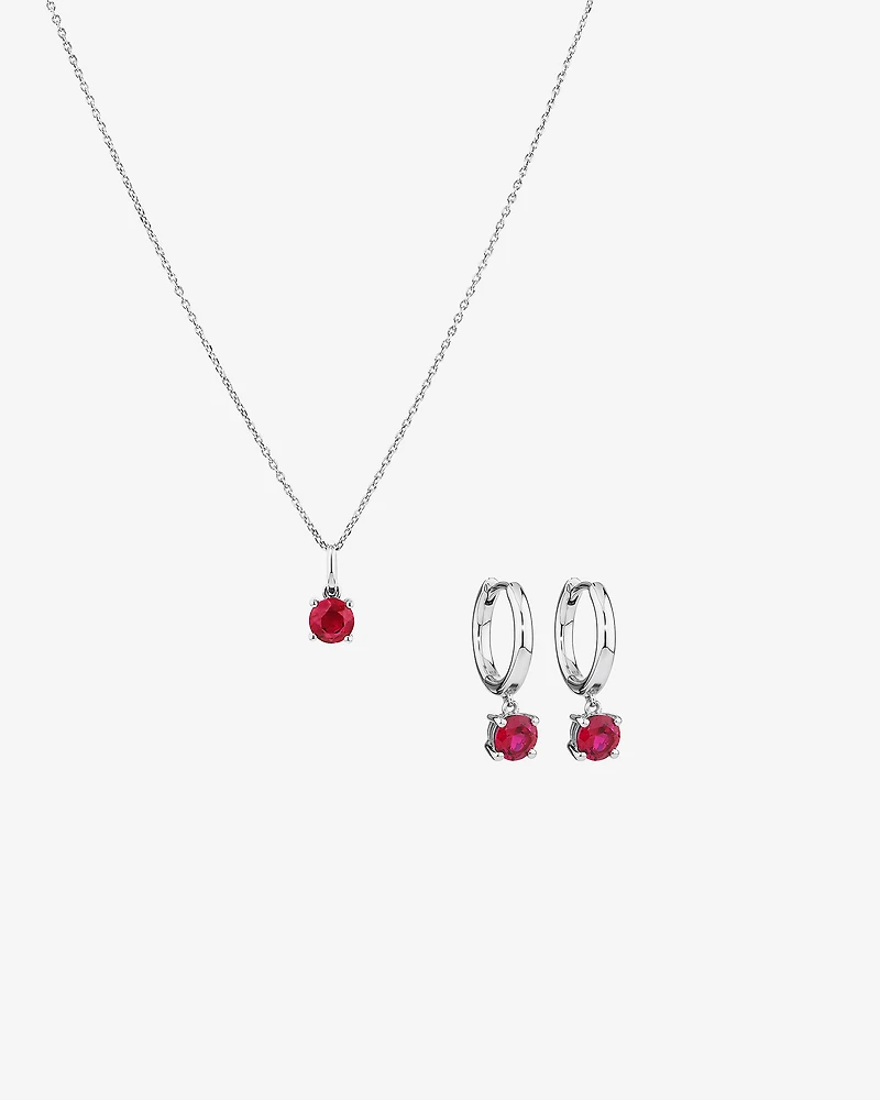 Round Cut Red Created Ruby Gemstone Hoop Earrings and Pendant Necklace Set in Sterling Silver