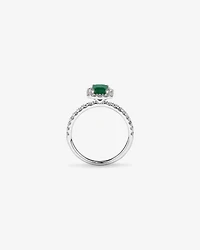 Emerald Cut Green Emerald Gemstone and 0.60 Carat TW Diamond Halo Ring in 14kt White Gold