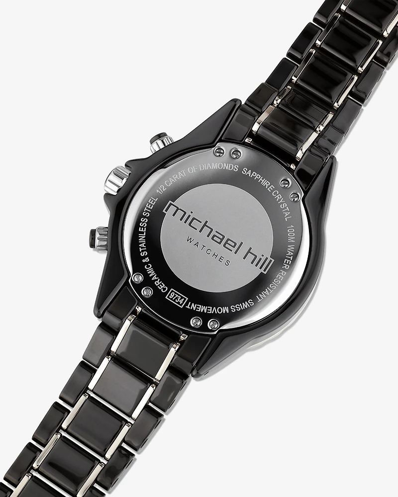 Montre chronographe en céramique noire et acier inoxydable rose avec diamants totalisant 0,50 ct.