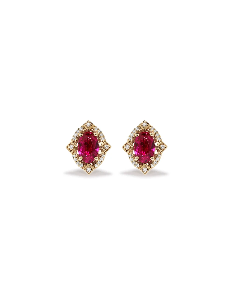 Oval Cut Created Ruby and Diamond Halo Stud Earrings in 10kt Yellow Gold