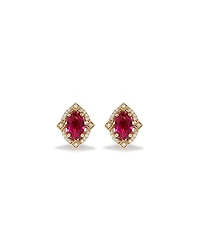 Oval Cut Created Ruby and Diamond Halo Stud Earrings in 10kt Yellow Gold