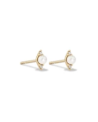 Three Stone Cultured Freshwater Pearl and Diamond Stud Earrings in 10kt Yellow Gold