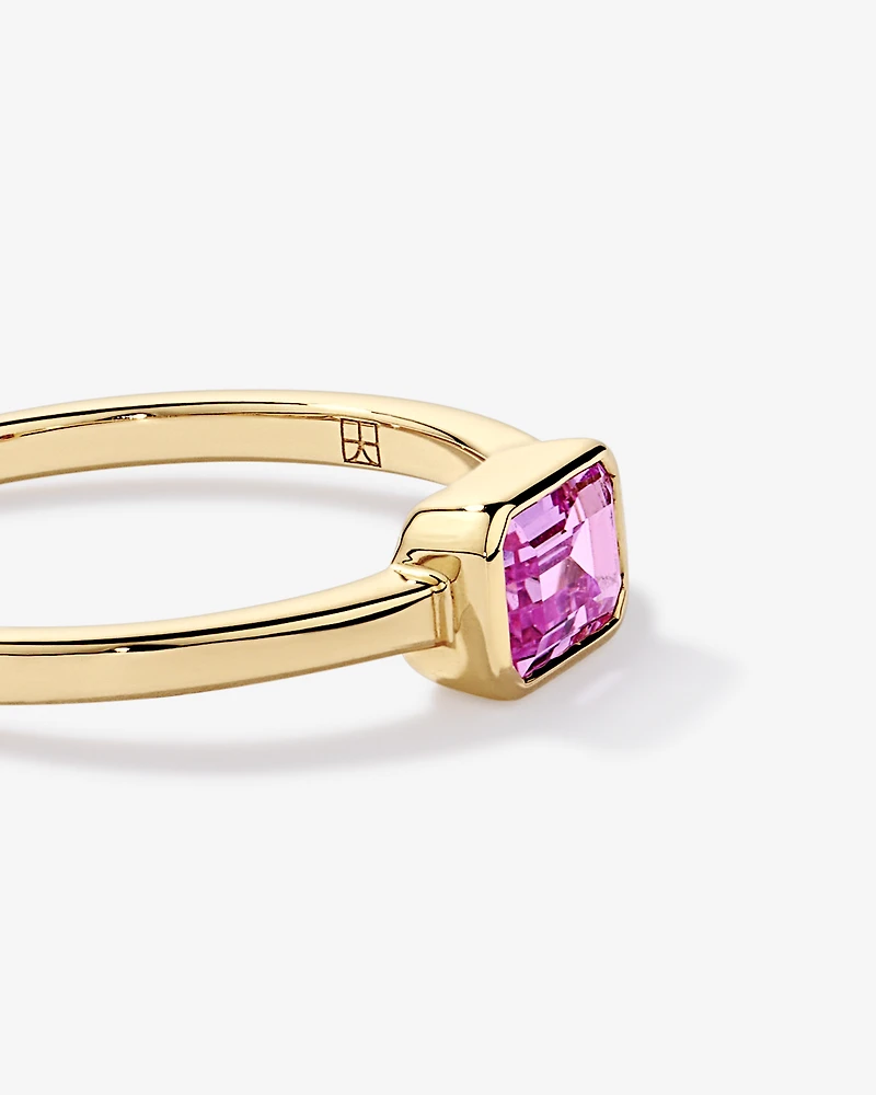 Emerald Cut Pink Created Sapphire East-to-West Set Bezel Ring 10kt Yellow Gold